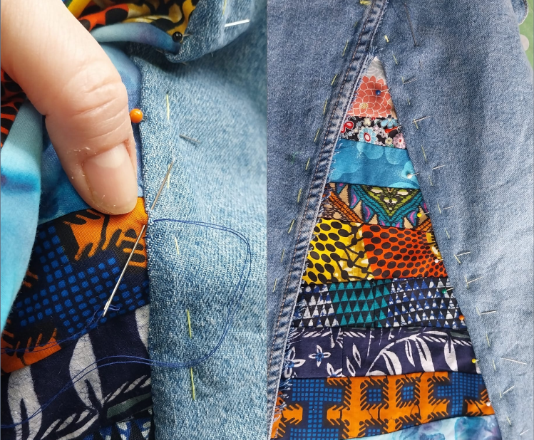 Sewing the additional fabric onto the denim to make the skirt.